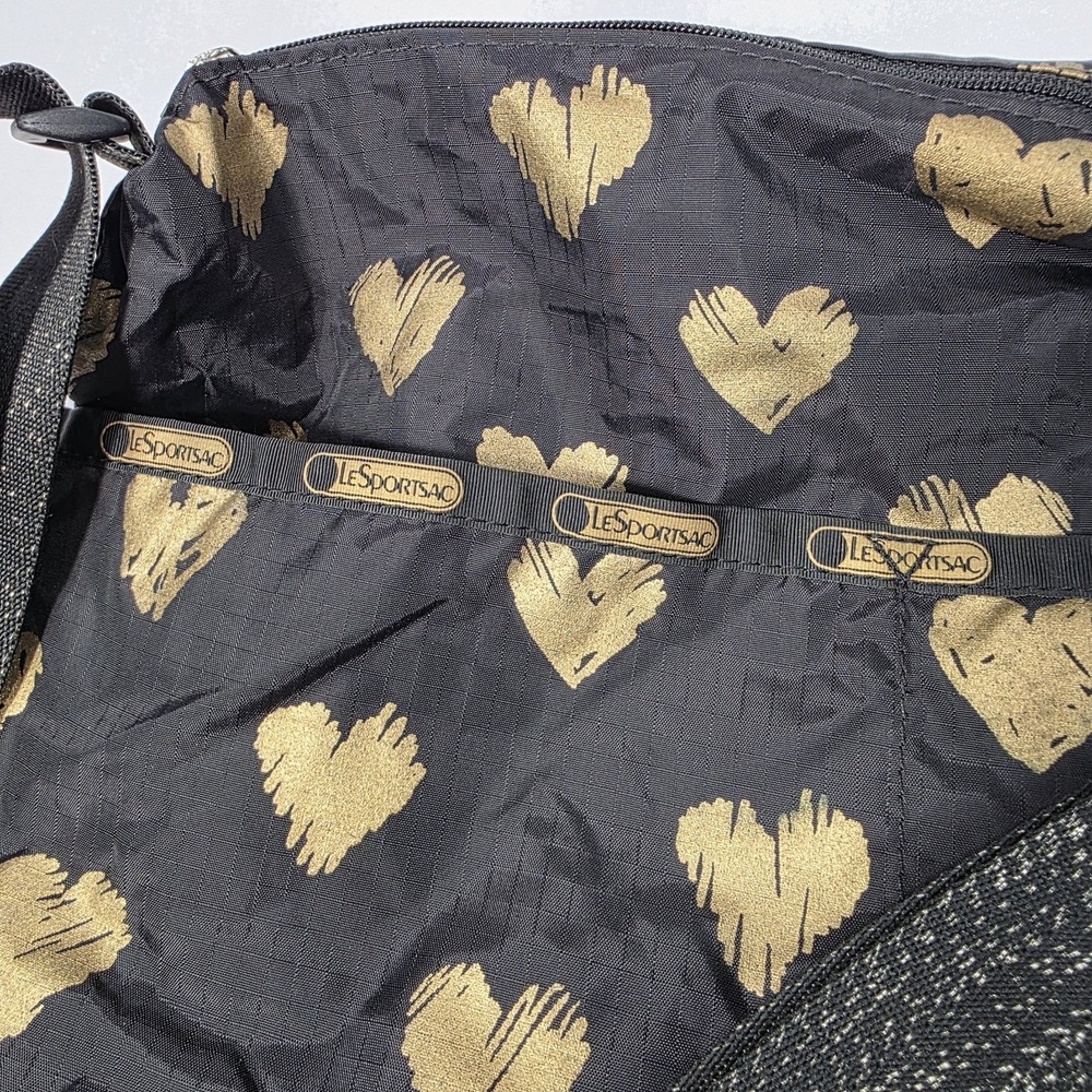 Vintage LeSportsac Black Razzmatazz Gold Hearts Deluxe Easy Carry Tote NEW - Picture 3 of 11